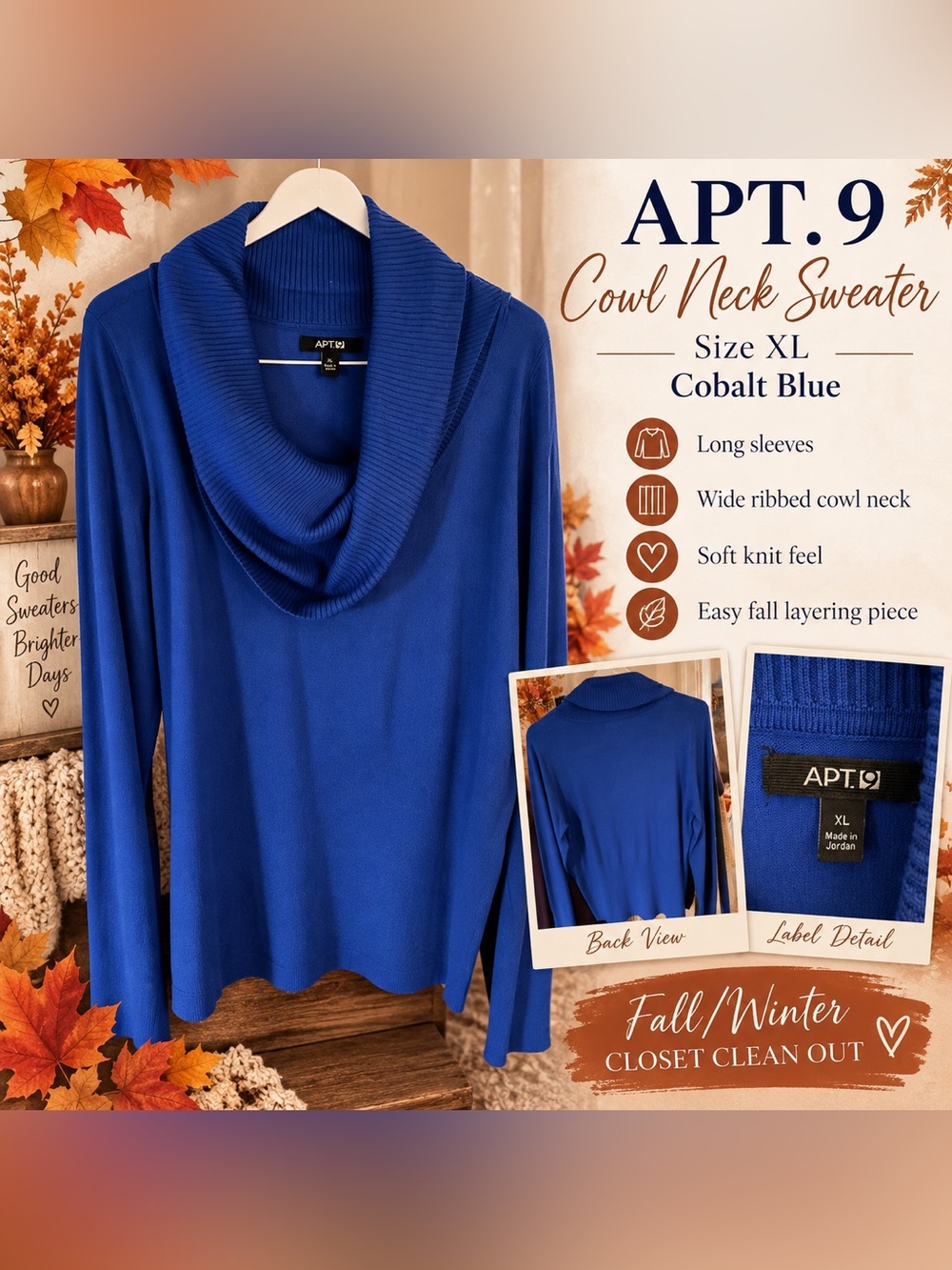Apt. 9 Cowl Neck Sweater - Cobalt Blue